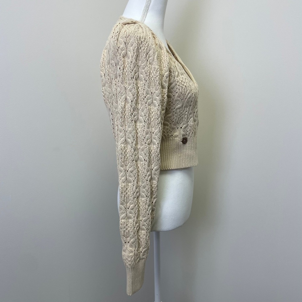 Free People Cream Pointelle Cable Knit Wrap Cardigan XS Puff Sleeve Cropped - Picture 5 of 14